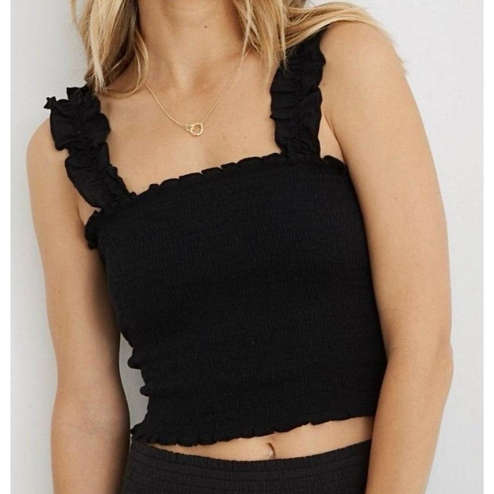 NWT aerie Cropped Smocked Tank Top Black Size XL
